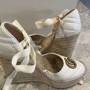 Gucci Cream Leather Espadrille Wedge Sandals with Gold Double G
